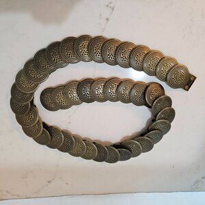 Vintage Brass Coin Stretch Belt Black Elastic Strap & Snap Closure 32 to 40"